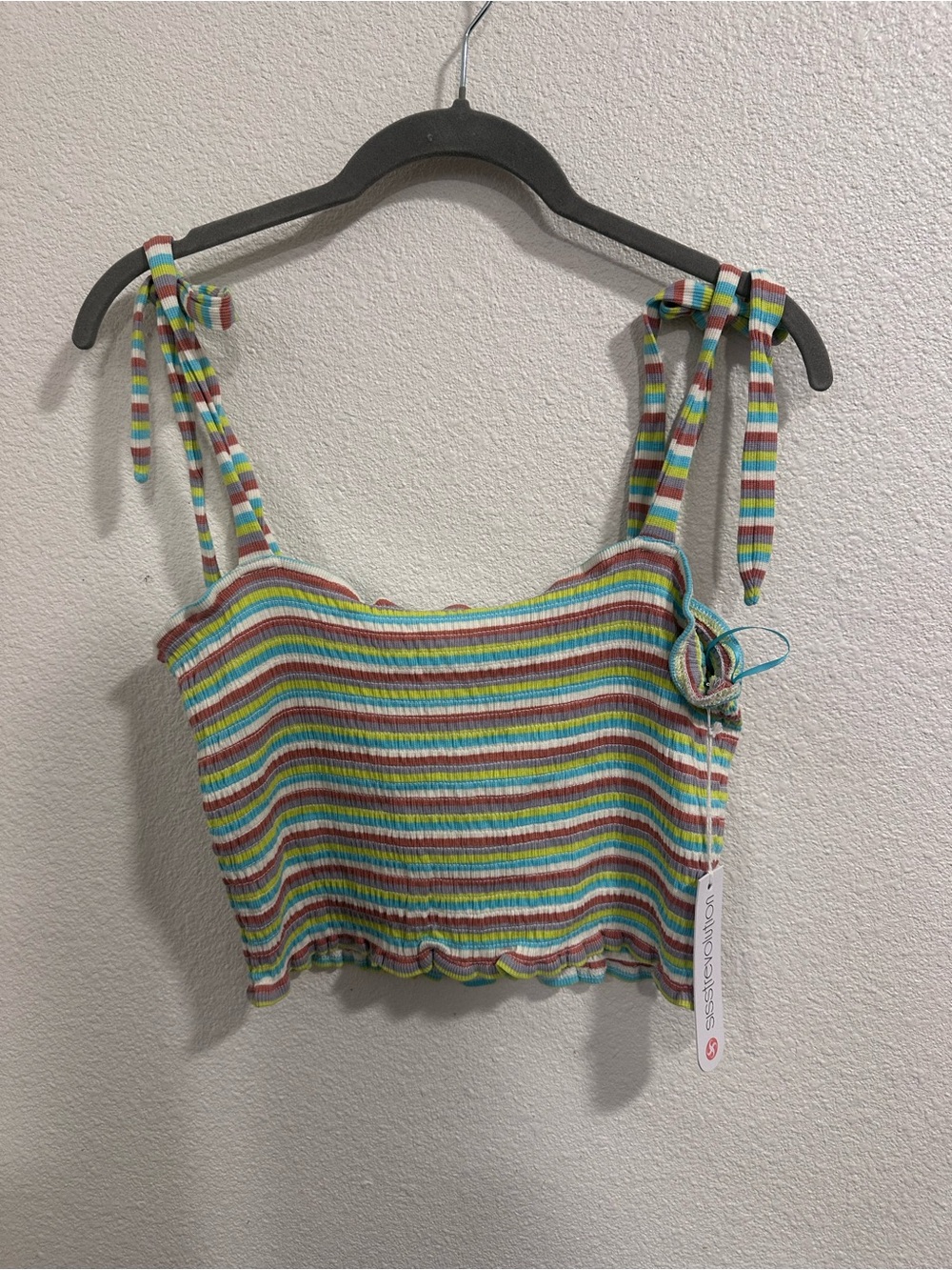 Tie-Shoulder Striped Ribbed Crop Top in Multicolor